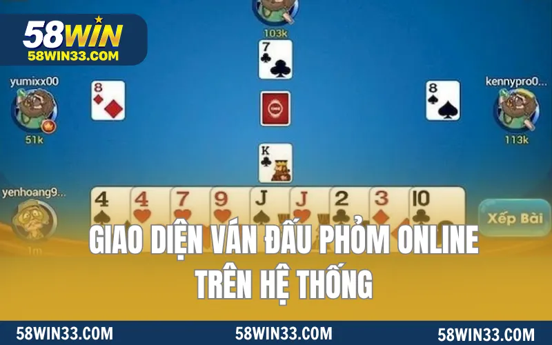 Giao diện ván đấu phỏm online trên hệ thống 